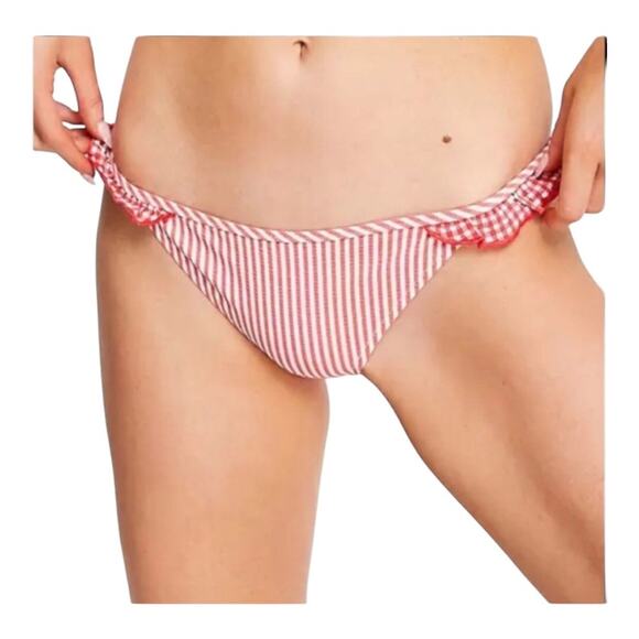 Aerie NWT Red White Striped Seersucker Ruffle Bikini Bottoms Small Boho Chic - Picture 1 of 13